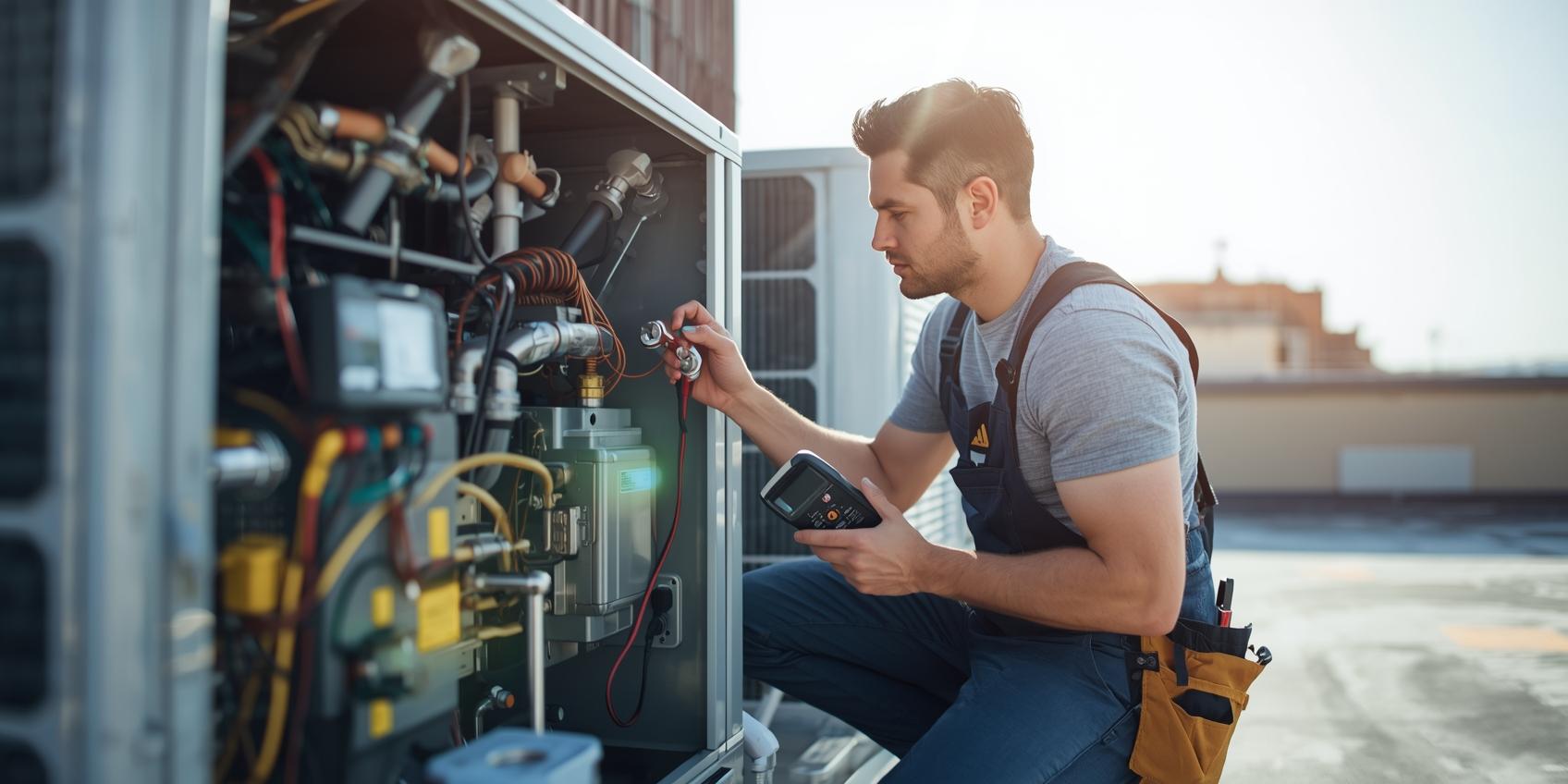 HVAC technician inspecting an air conditioning system during a booked service appointment