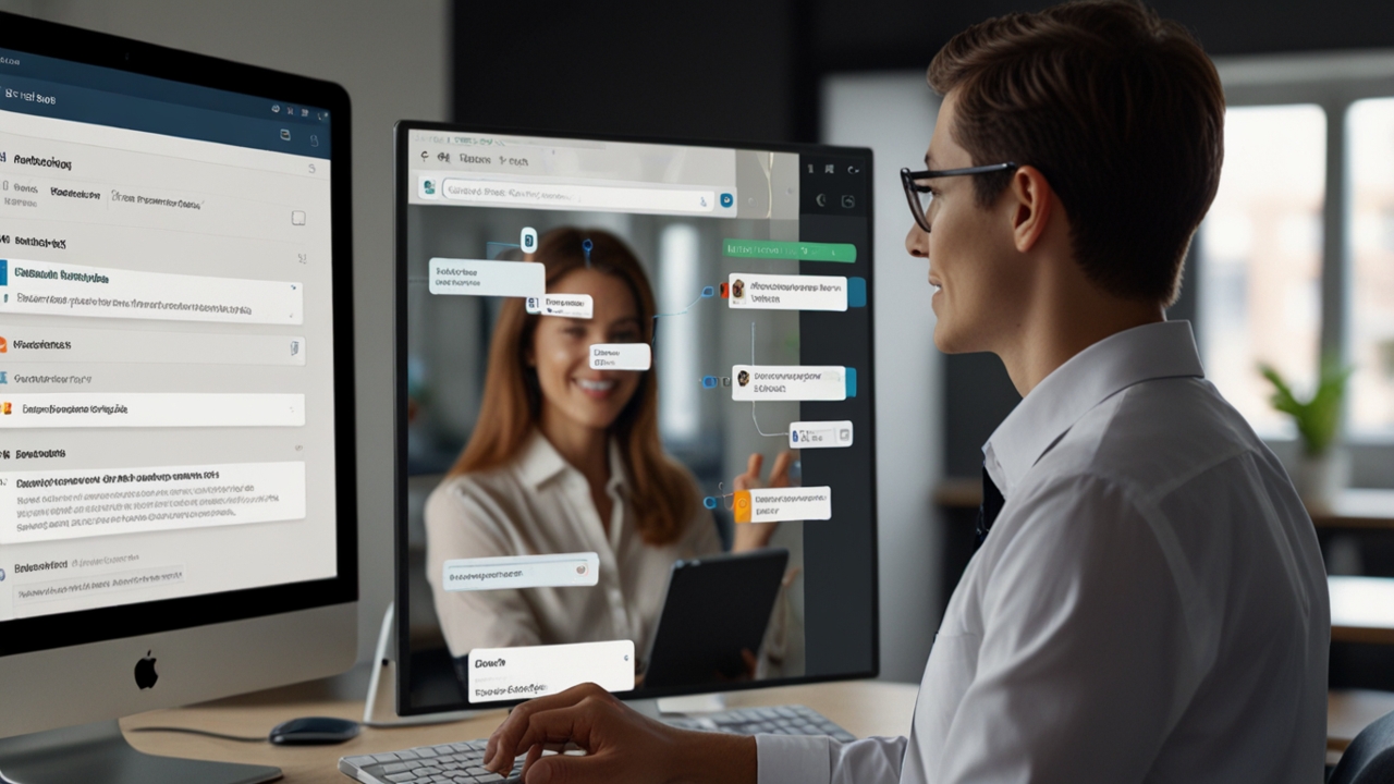 A sequence of emails being sent automatically, shown on a screen. An AI assistant is managing the workflow, while the business owner is focused on more strategic work. One email screen could show a scheduled follow-up with a lead, and another shows engagement with a potential client, highlighting the automation process.