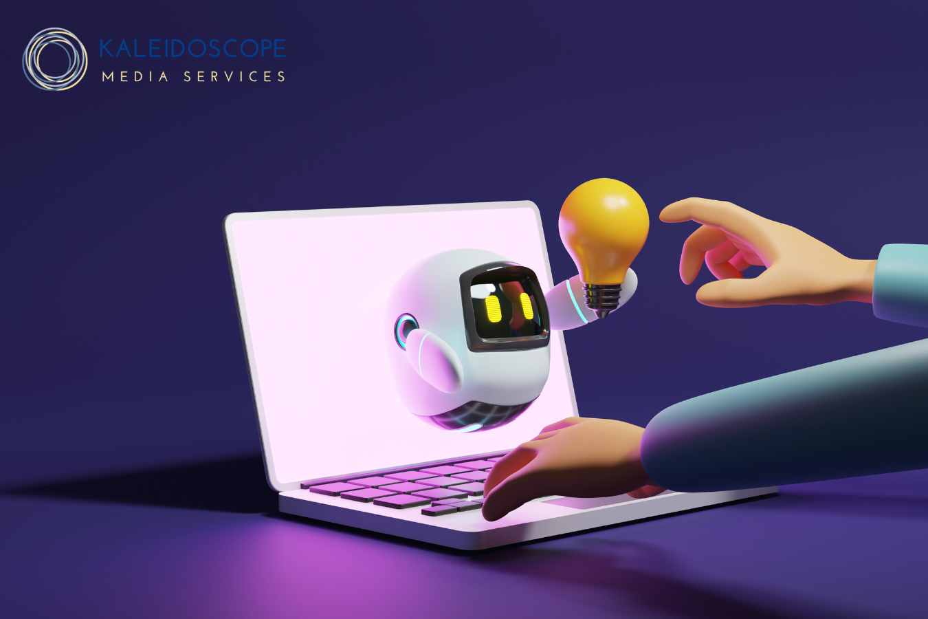 User hand touching cute robot light bulb through laptop on purple
