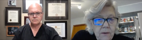 Two individuals in a video call; on the left is Dr. Rozakis, sits in front of a wall with framed certificates, and on the right, an elderly woman with glasses, known as Bev, discusses her progress with macular degeneration treatment.