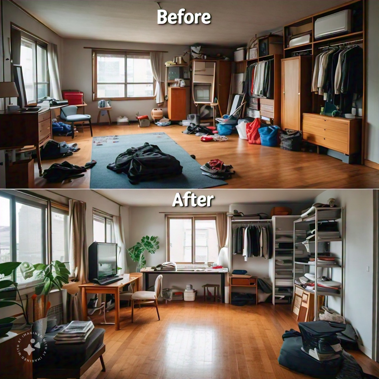 "Room before and after cleaning transformation, showing a messy space on one side and a spotless, organized room on the other." "Room before and after cleaning transformation, showing a messy space on one side and a spotless, organized room on the other."