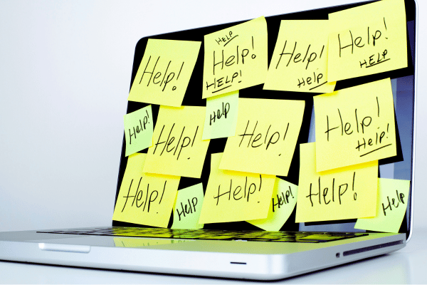 laptop with yellow notes all over it saying help! email overwhelm, email detox, unsubscribe, filter, top email tips for solo coaches laptop with yellow notes all over it saying help! email overwhelm, email detox, unsubscribe, filter, top email tips for solo coaches