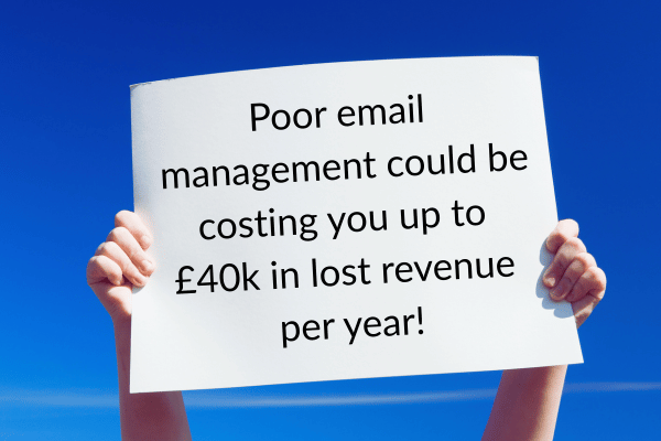 Arms holding up a sign that says "poor email management could be costing you up to £40k in lost revenue per year!" Arms holding up a sign that says "poor email management could be costing you up to £40k in lost revenue per year!"