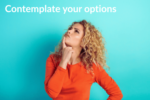 Woman contemplating her options for improving her email management Woman contemplating her options for improving her email management