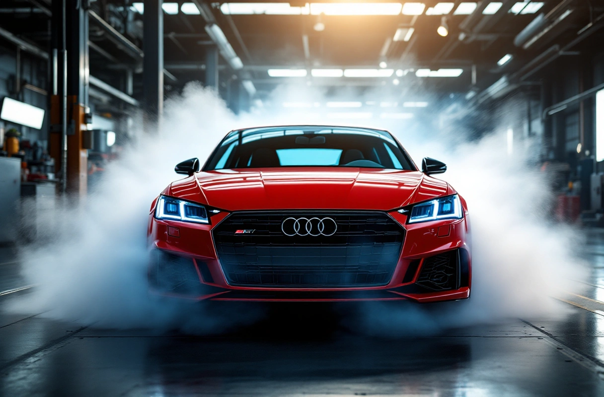 Red audi burning tires out