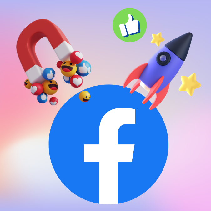 Facebook logo with an engagement magnet and a rocket above it to represent how it can boost your small business