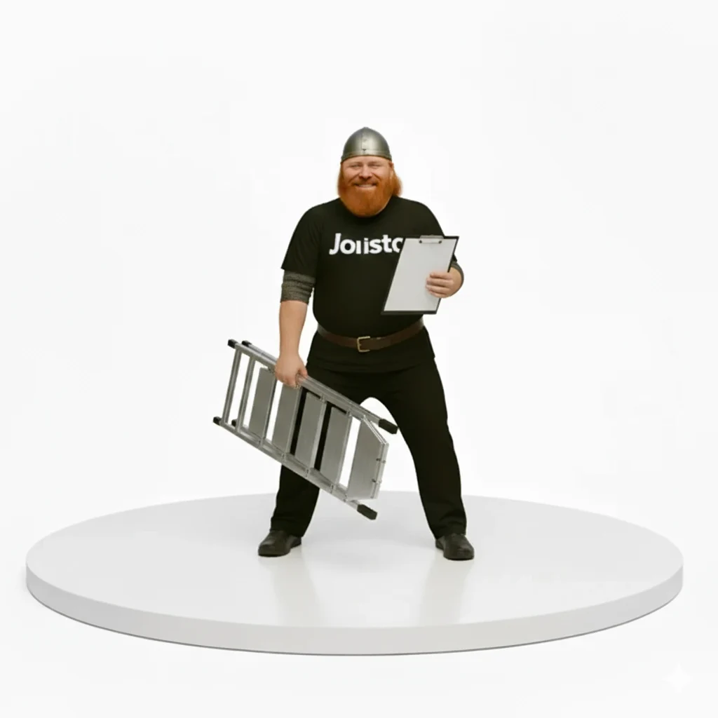 Jousto’s Aarno holding a ladder and clipboard for the free energy audit