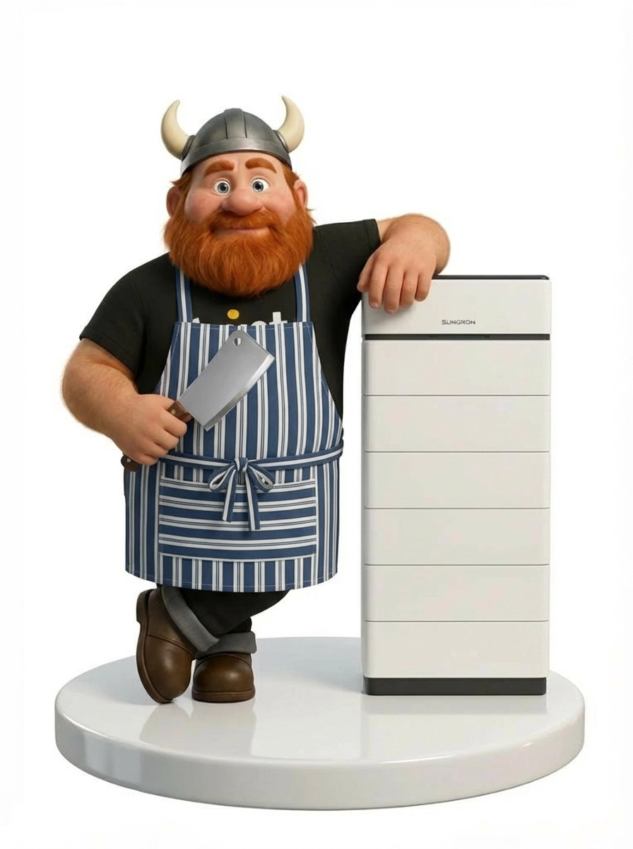 Aarno - Jousto mascot in a butcher's apron (shops hero)