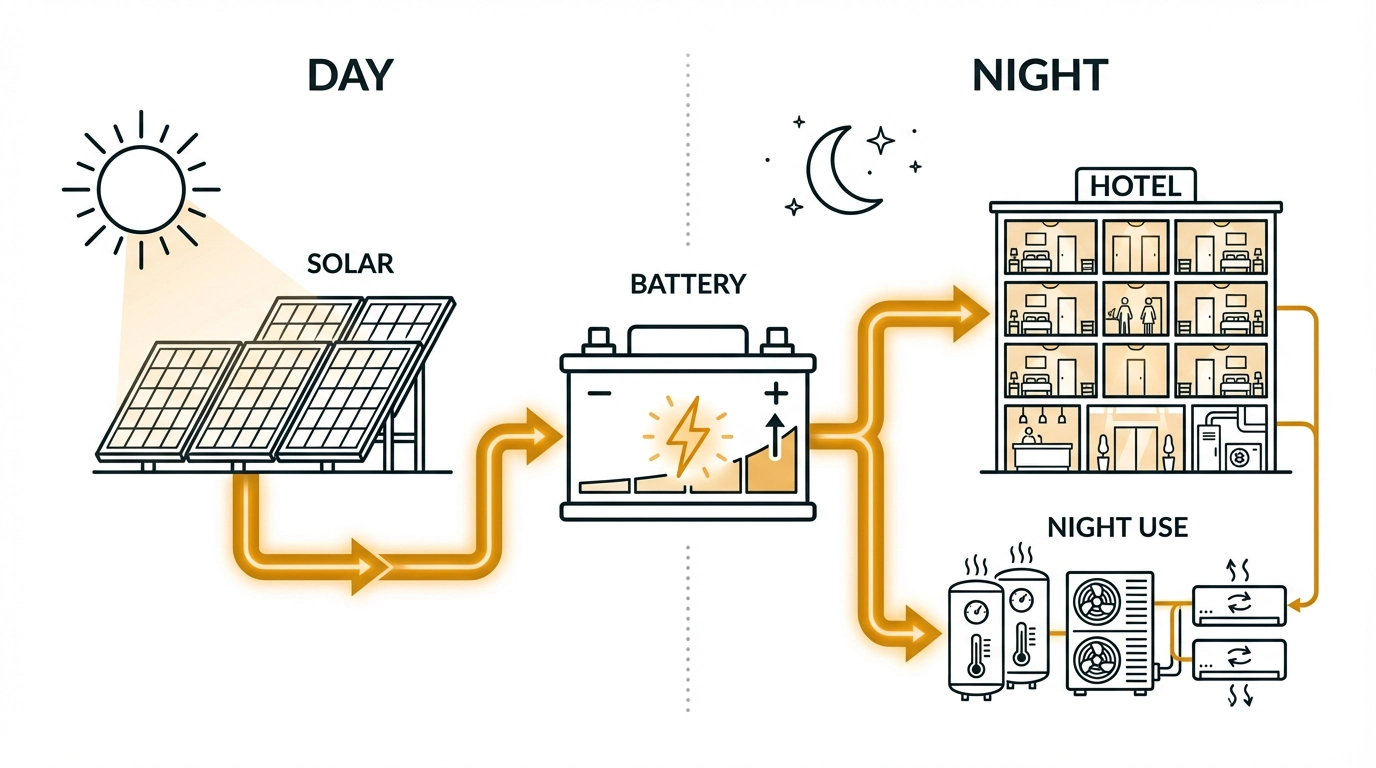Solar to battery to night-time hotel loads — Jousto EMS