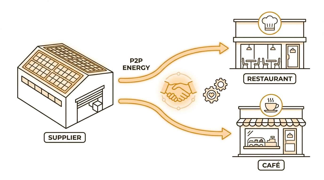 Warehouse peer-to-peer energy partnership with restaurants and cafés