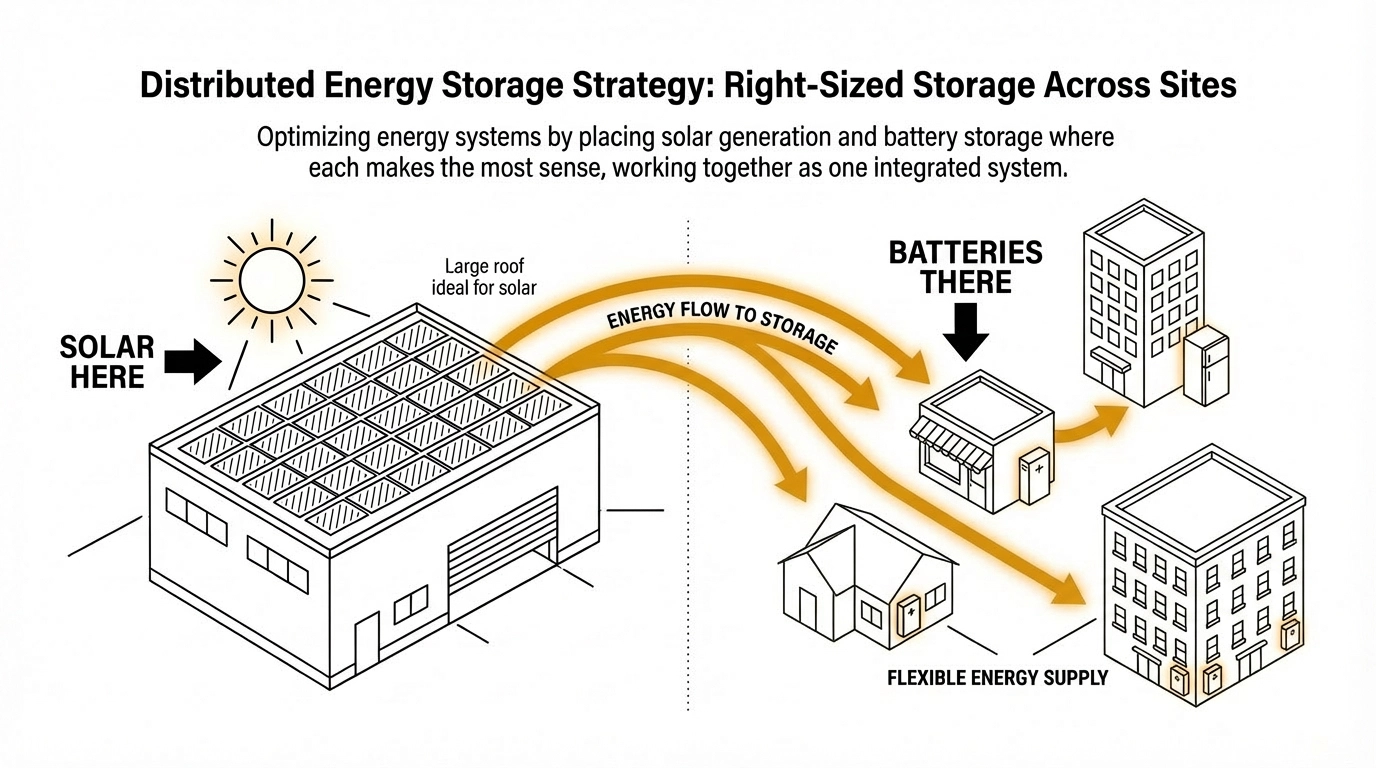 Distributed storage strategy: solar at warehouse, battery at another site