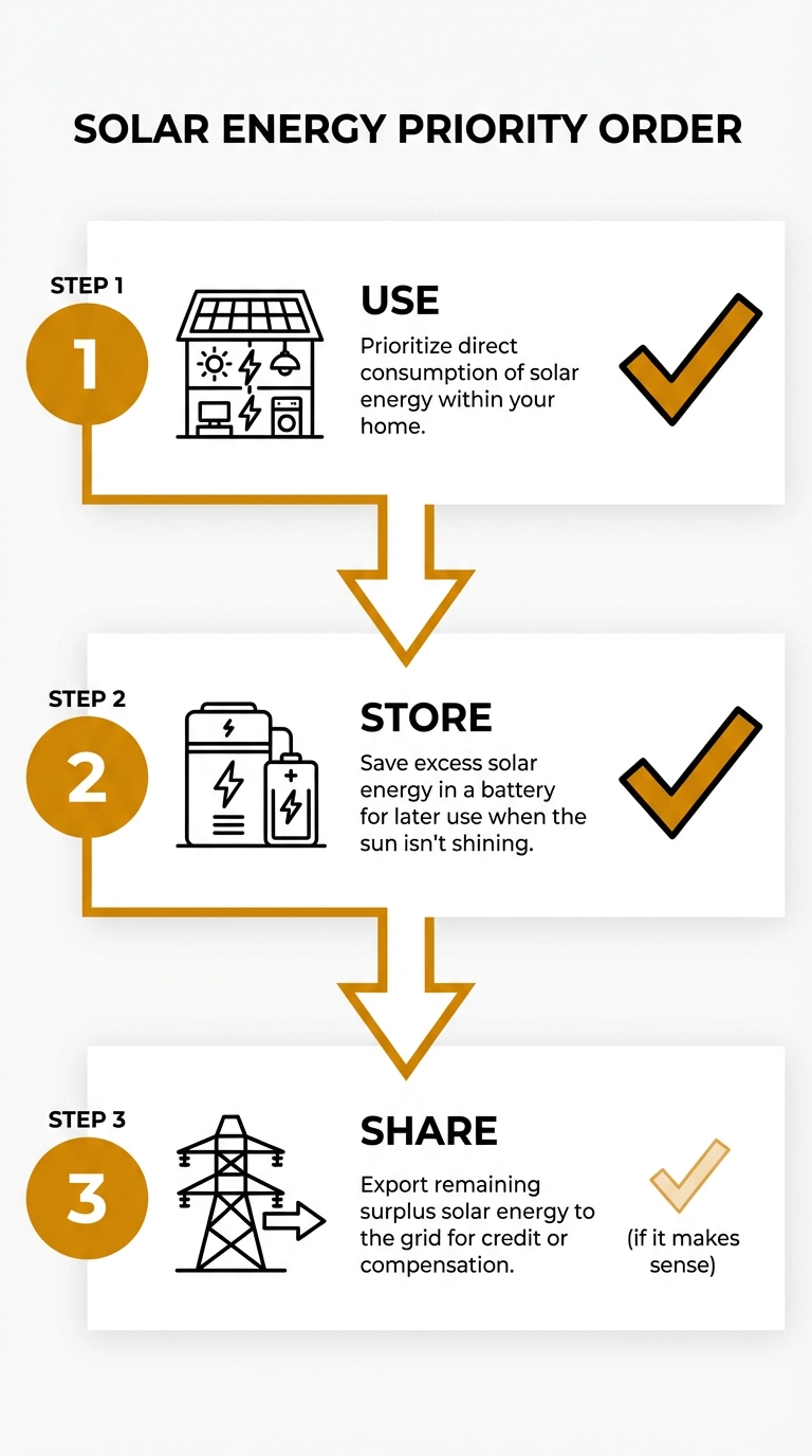 Solar-first hierarchy: use, store, then export