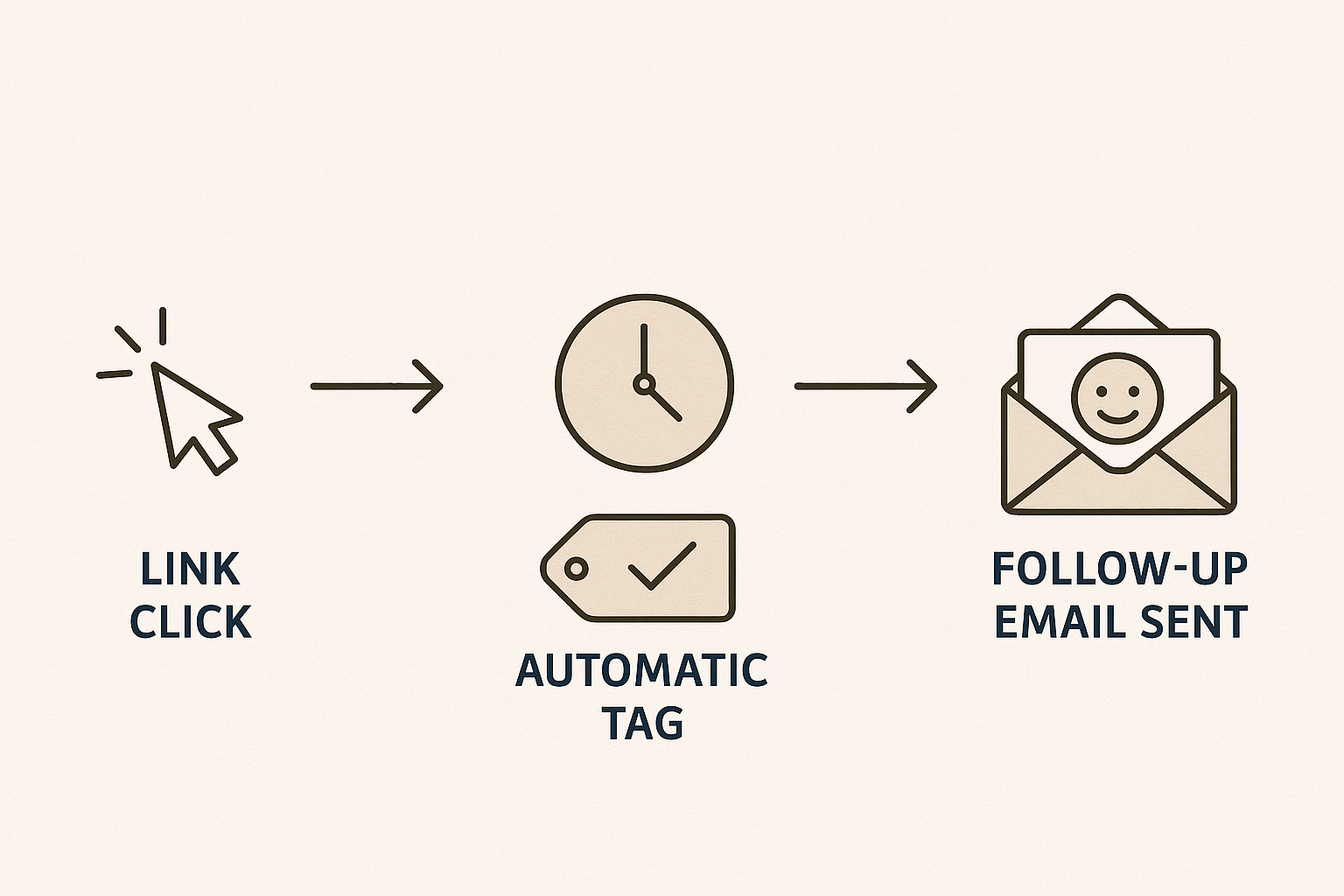 Simple email automation workflow diagram showing automatic tagging and follow-up after link click for practitioners