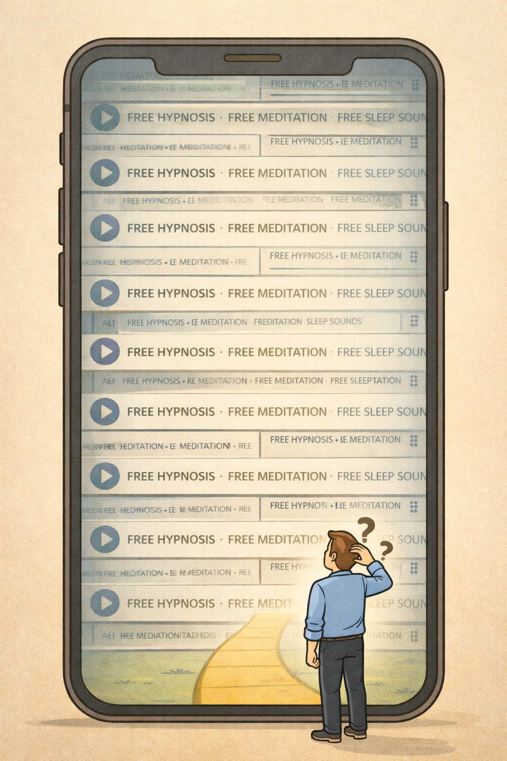 Visual showing the overwhelming flood of free content - maybe a phone or laptop screen with endless scroll of "free hypnosis" results on Spotify/YouTube, or a sea of identical audio icons with one small practitioner trying to stand out.