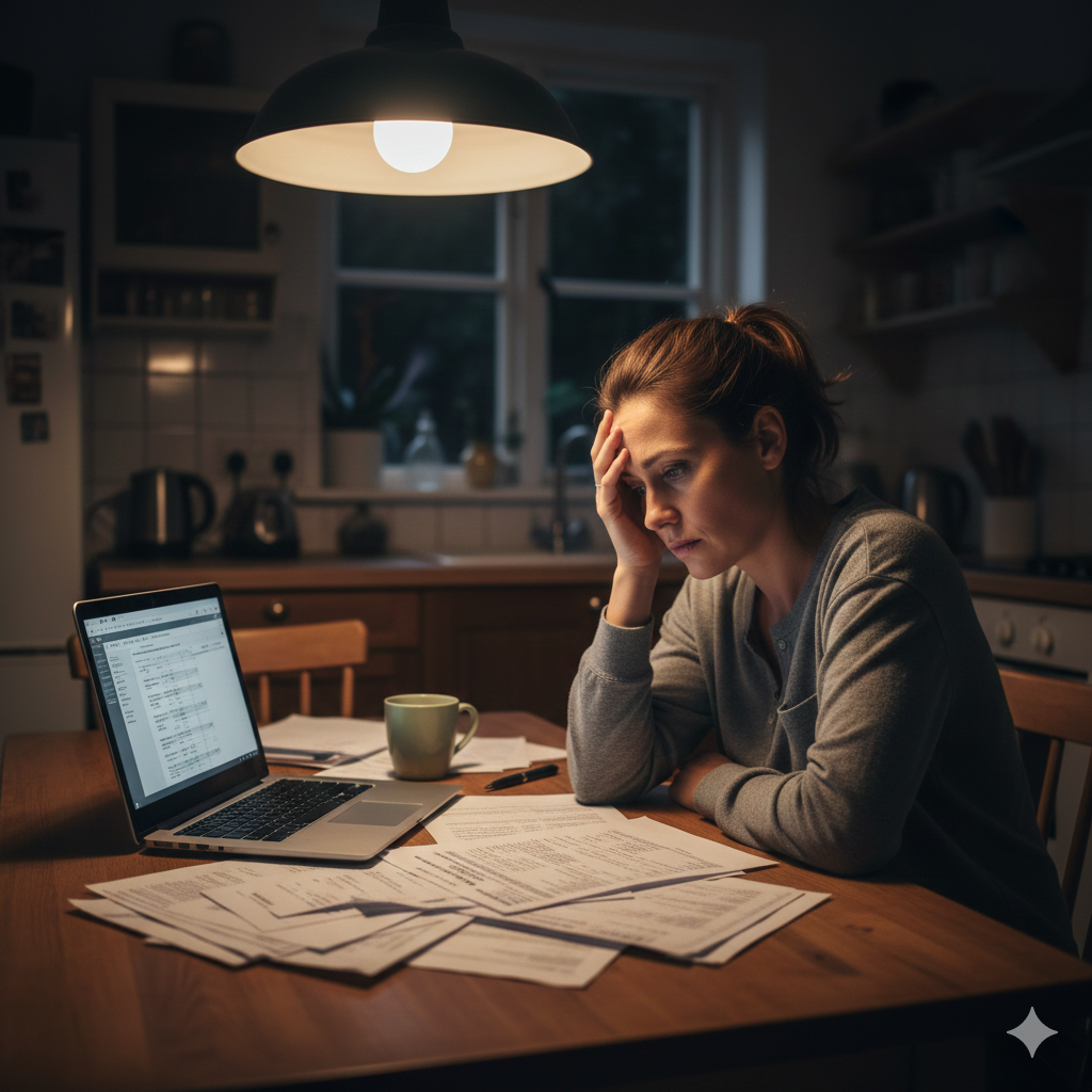 A realistic image of a worried spouse sitting at a kitchen table late at night, bills and paperwork spread out, laptop open with bank statements, dim lighting, emotional but respectful tone, no exaggeration, realistic home setting, cinematic realism, high detail, 16:9