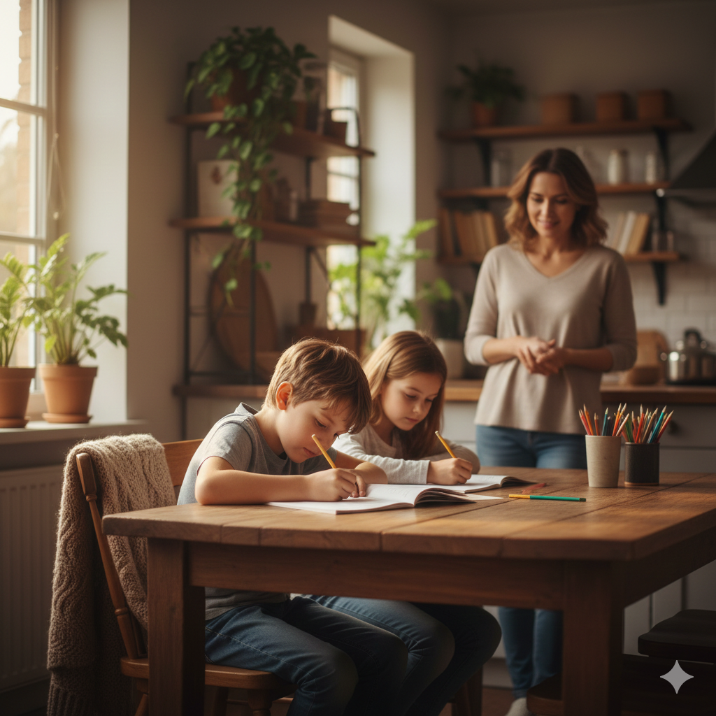 Children doing homework at a dining table while a parent watches with a gentle smile in the background, warm natural light, cozy family atmosphere, realistic candid photography, emphasis on security and future, high detail