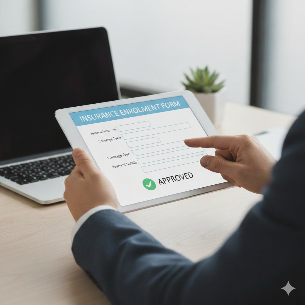 Close-up of hands using a tablet with a simple insurance form completed, checkmark approval icon concept, minimal modern workspace, soft lighting, professional business photography, clean and trustworthy tone
