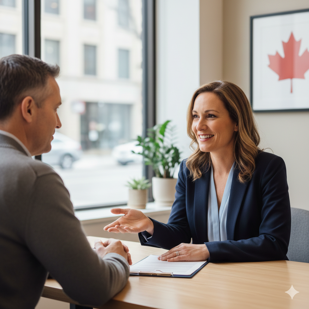 Friendly insurance advisor in a modern office smiling and speaking with a client, professional attire, natural light, warm and trustworthy atmosphere, Canadian small business setting, realistic photography