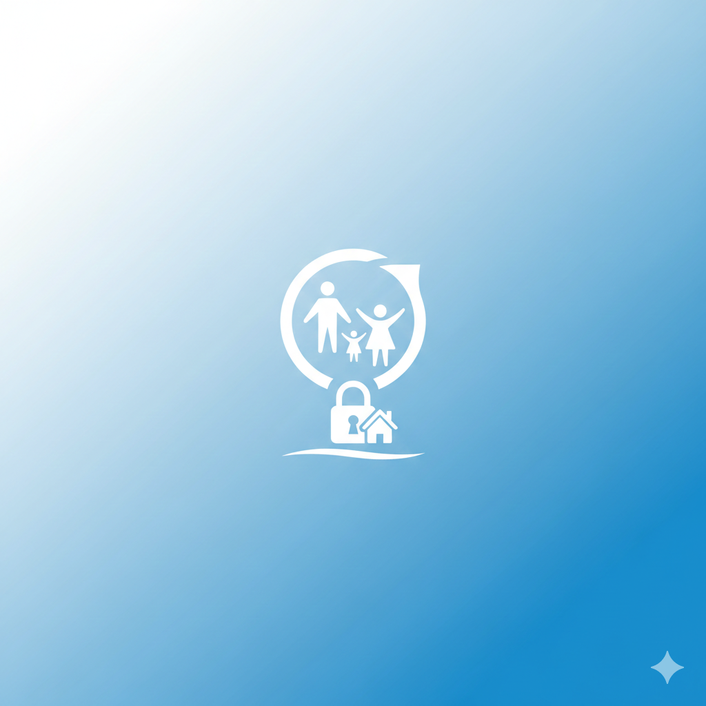 Minimalist insurance concept image with soft blue gradient background, subtle icons representing family and security, clean modern design, professional brand style, high contrast, square format, realistic but polished look