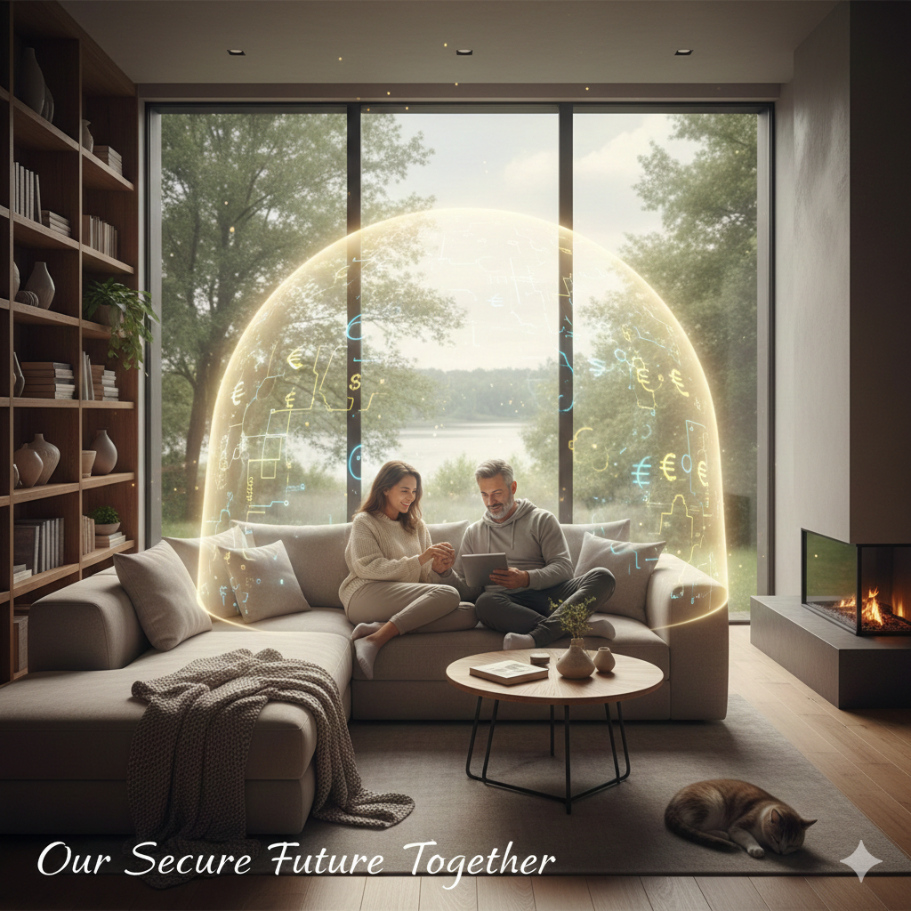 A serene adult couple relaxing in their living room, soft sunlight through large windows, with subtle glowing shield or transparent protective barrier surrounding them, symbolizing safety and financial security, photorealistic, cozy and calm vibe A serene adult couple relaxing in their living room, soft sunlight through large windows, with subtle glowing shield or transparent protective barrier surrounding them, symbolizing safety and financial security, photorealistic, cozy and calm vibe