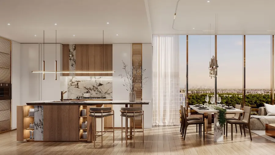 Wynwood kitchen island minimalist cabinetry sculpted ceiling