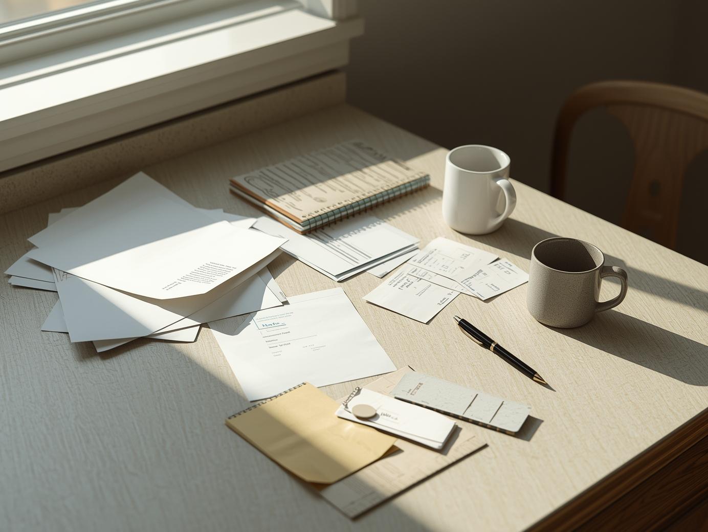 A home office desk with papers, envelopes, a keyboard, and coffee mugs near a window. A home office desk with papers, envelopes, a keyboard, and coffee mugs near a window.