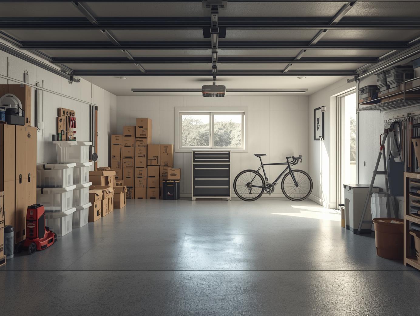 A clean, organized garage with shelves, plastic bins, and a bicycle mounted on the wall. A clean, organized garage with shelves, plastic bins, and a bicycle mounted on the wall.