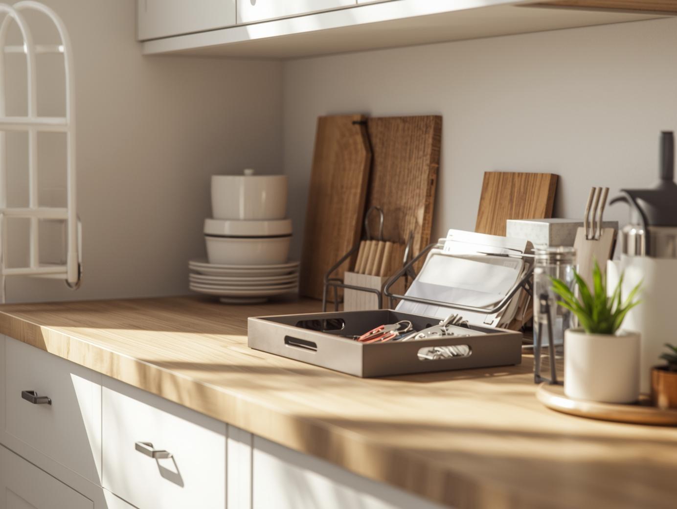 A clean kitchen counter with stacked dishes, cutting boards, and minimal clutter.