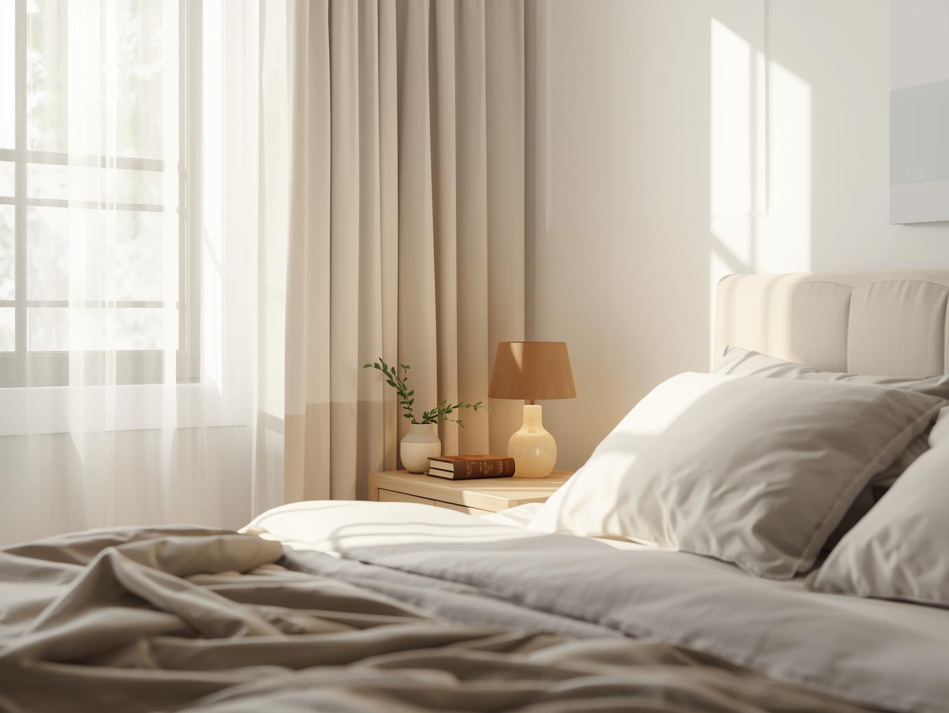 A neatly made bed with neutral linens and a small nightstand, creating a calm bedroom atmosphere.
