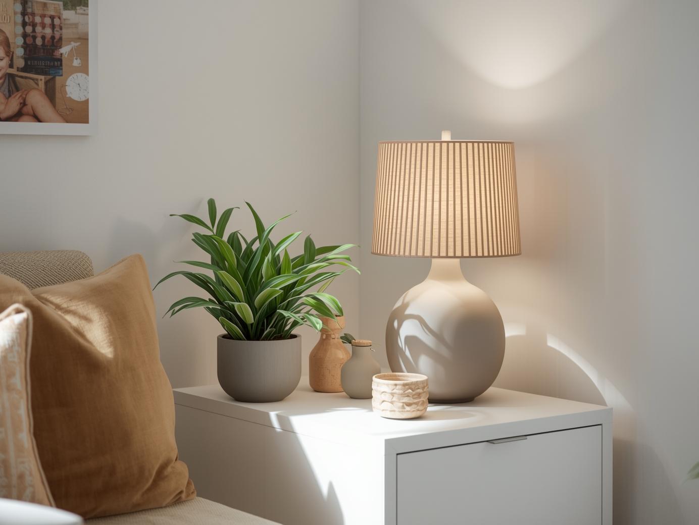 A tidy nightstand with a lamp and small potted plant in warm neutral light, showing the calm, clutter-free result of organized living and improved peace of mind. A tidy nightstand with a lamp and small potted plant in warm neutral light, showing the calm, clutter-free result of organized living and improved peace of mind.