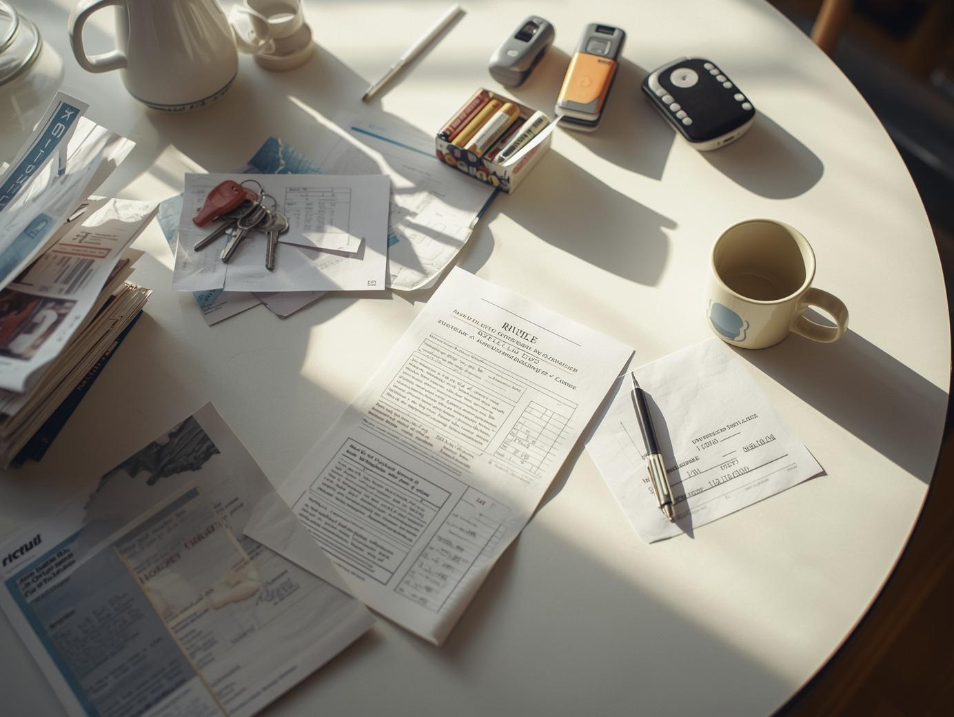 A realistic home desk covered with scattered papers, pens, and receipts in soft daylight, representing how paper clutter and disorganization can lead to missed payments and financial stress. A realistic home desk covered with scattered papers, pens, and receipts in soft daylight, representing how paper clutter and disorganization can lead to missed payments and financial stress.