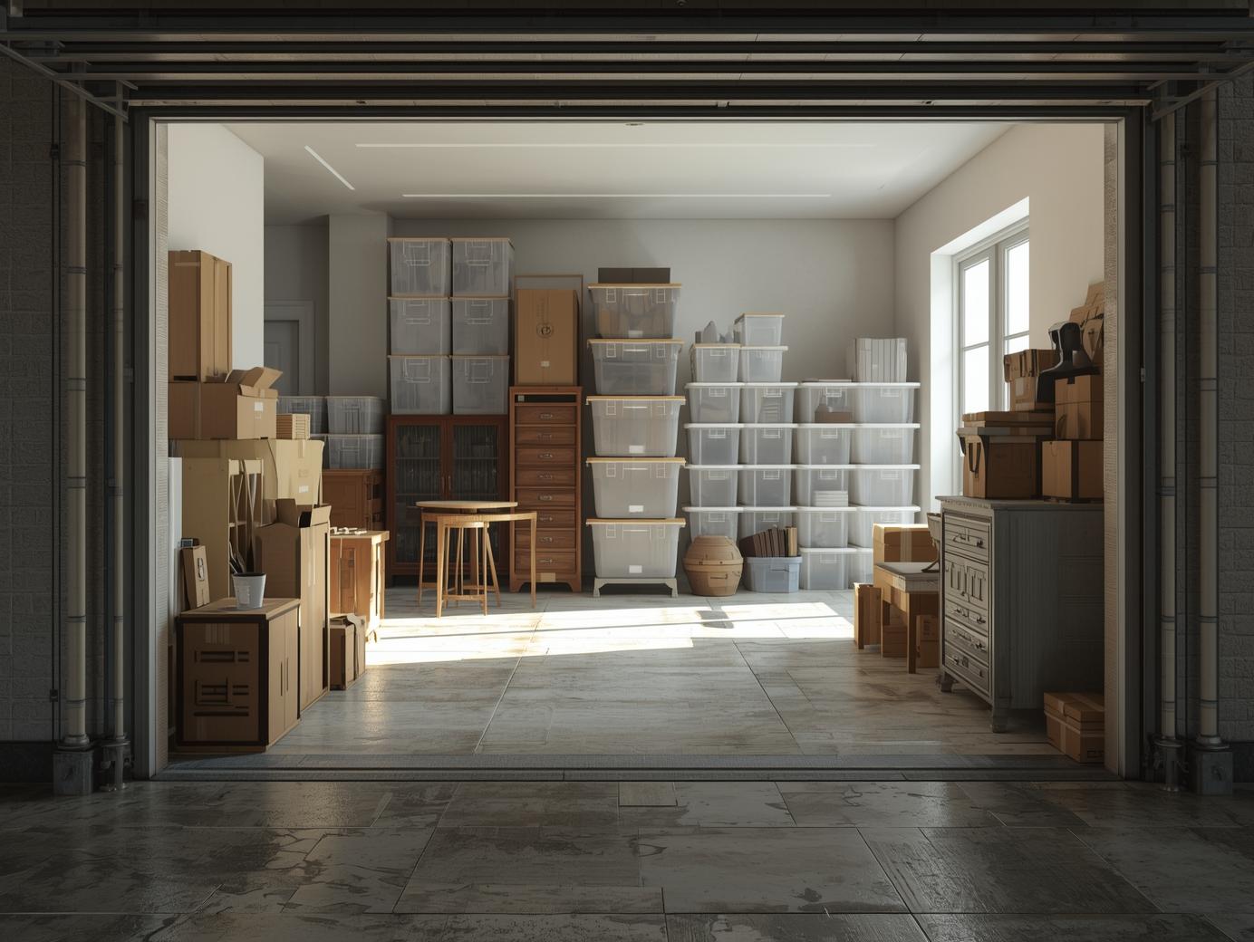 A real garage or storage space filled with stacked boxes and plastic bins, symbolizing the high cost of paying for unused storage and hidden clutter expenses. A real garage or storage space filled with stacked boxes and plastic bins, symbolizing the high cost of paying for unused storage and hidden clutter expenses.