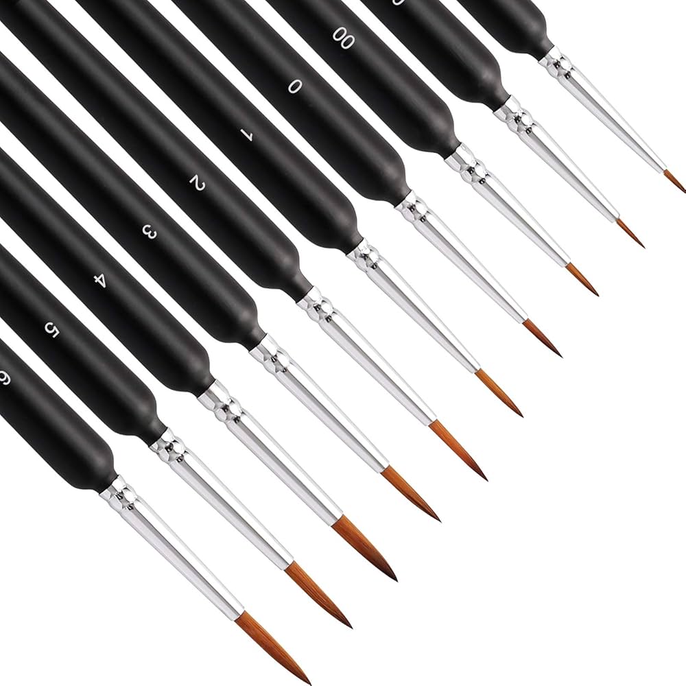 A set of nine fine-tipped paintbrushes with black handles and silver ferrules, arranged in a row. The brushes are labeled with numbers and sizes, ranging from 000 to 6, indicating their varying tip sizes. The bristles are brown and pointed, suitable for detailed painting work