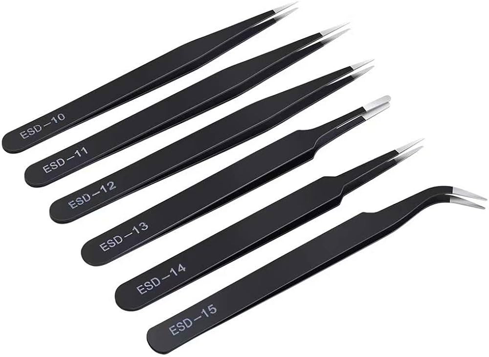 A set of six black tweezers, each labeled with a different model number: ESD-10, ESD-11, ESD-12, ESD-13, ESD-14, and ESD-15. The tweezers have various shapes and tips, designed for precision tasks such as electronics work or jewelry making. They are electrostatic discharge (ESD) safe, suitable for handling sensitive electronic components.
