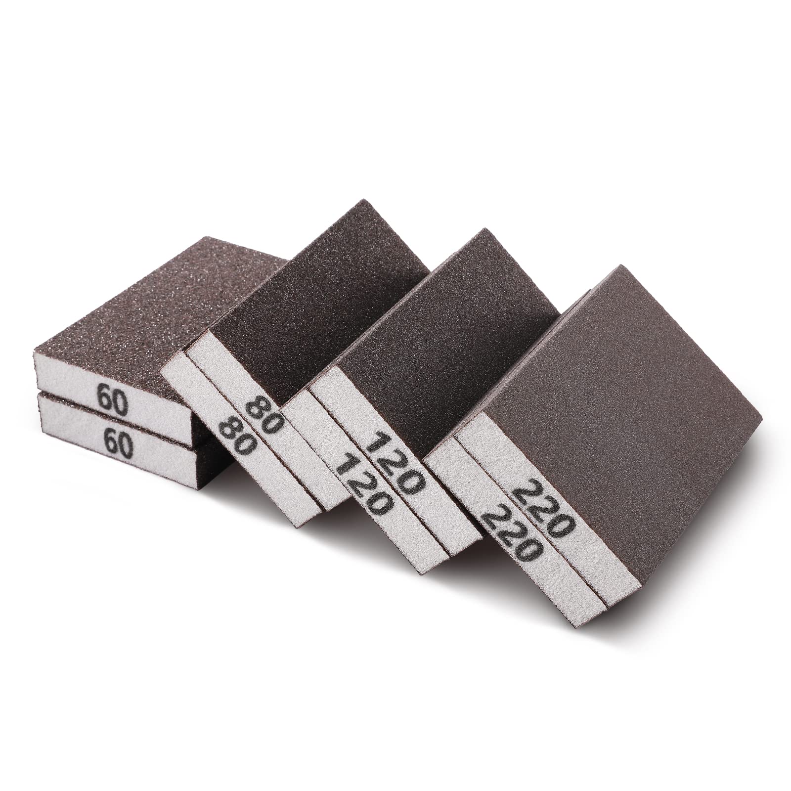 "A set of sanding sponges with different grit sizes. There are four stacks of sanding sponges, each labeled with a different grit number: 60, 80, 120, and 220. The sponges are arranged in a row, with the coarsest grit (60) on the left and the finest grit (220) on the right. The numbers are printed on the side of each sponge, indicating the grit size. This image is relevant for tasks involving sanding or smoothing surfaces, as it shows a variety of grit options for different levels of abrasiveness.