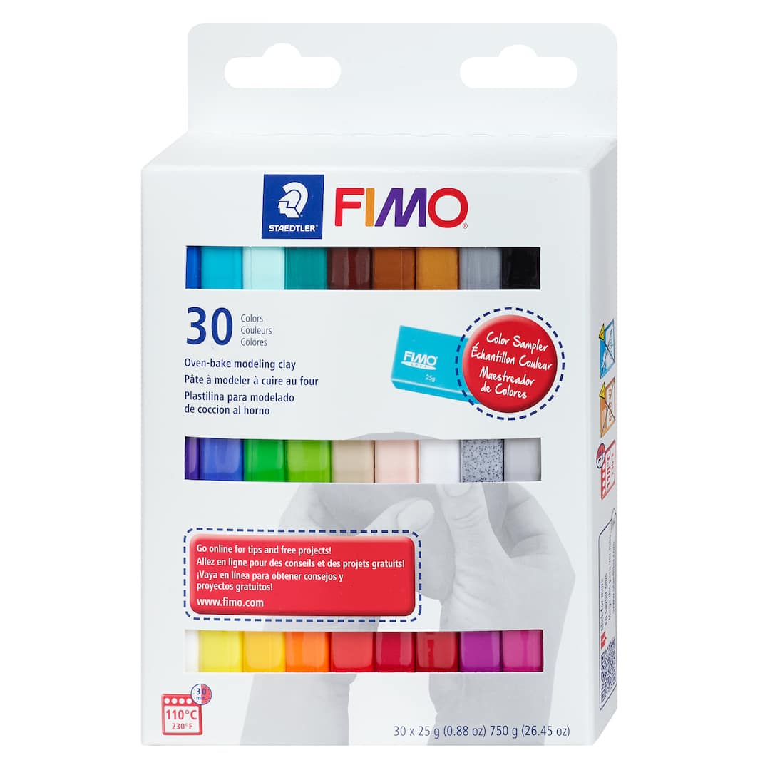 Package of FIMO oven-bake modeling clay by Staedtler. Contains 30 colors of clay, each 25 grams, totaling 750 grams (26.45 ounces). Suitable for modeling, baked at 110°C (230°F).