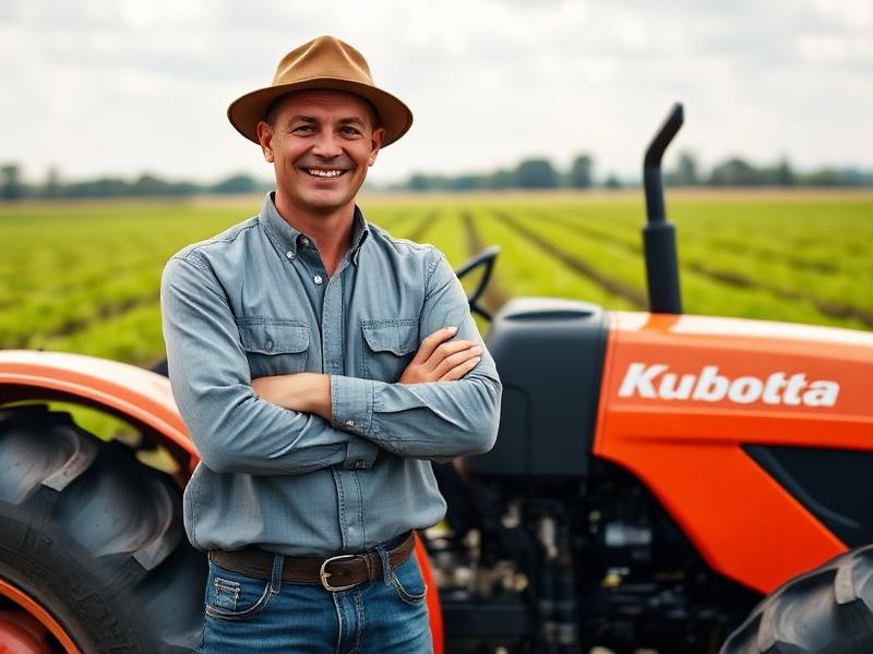 Agricultor exitoso con su tractor Kubota