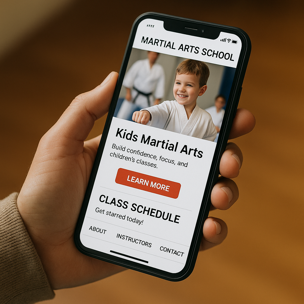 Parent looking at a mobile-friendly martial arts school website on their phone. Parent looking at a mobile-friendly martial arts school website on their phone.