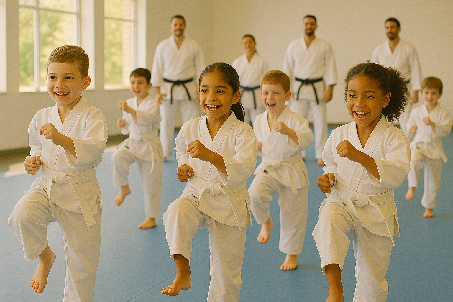 Children participating in a martial arts summer camp, practicing kicks and punches with enthusiasm in a safe, supervised environment. Children participating in a martial arts summer camp, practicing kicks and punches with enthusiasm in a safe, supervised environment.