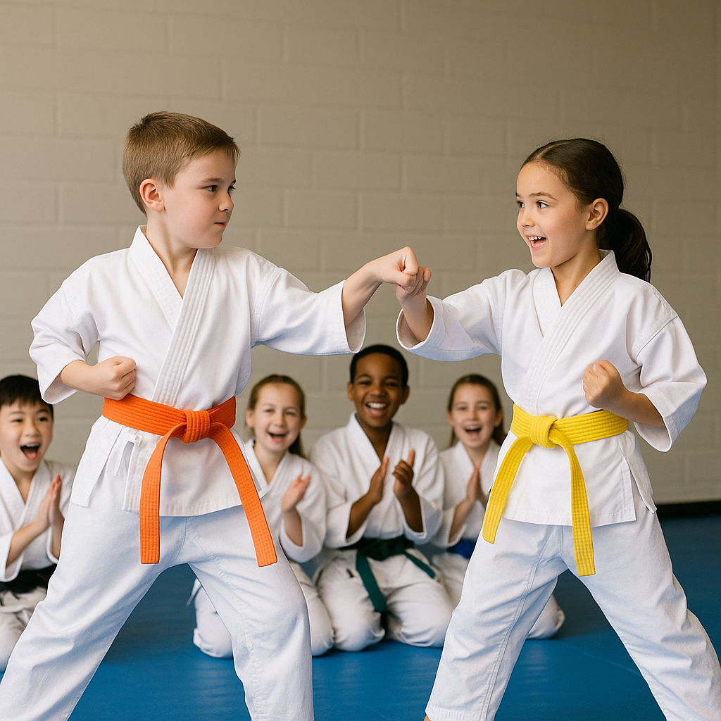 Children confidently leading a martial arts demonstration, building self-esteem through teamwork and encouragement. Children confidently leading a martial arts demonstration, building self-esteem through teamwork and encouragement.
