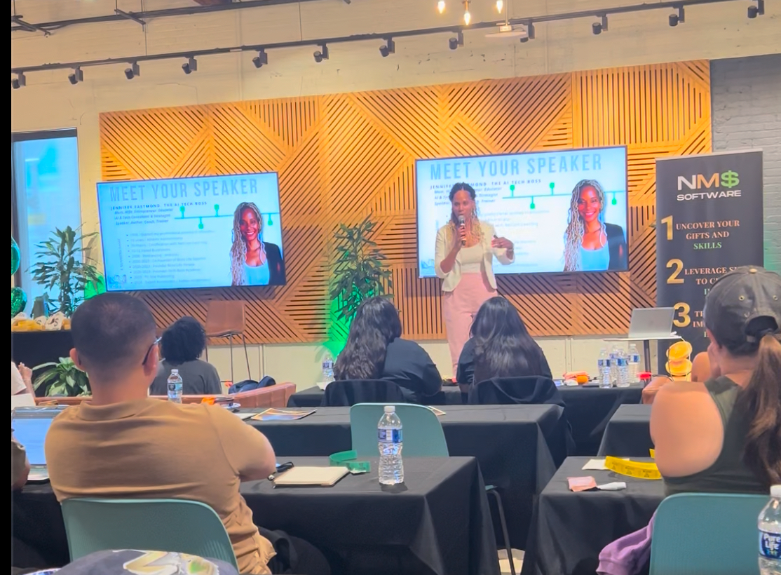 AI Tech Boss Jenn speaking at a professional event with geometric wood panel background