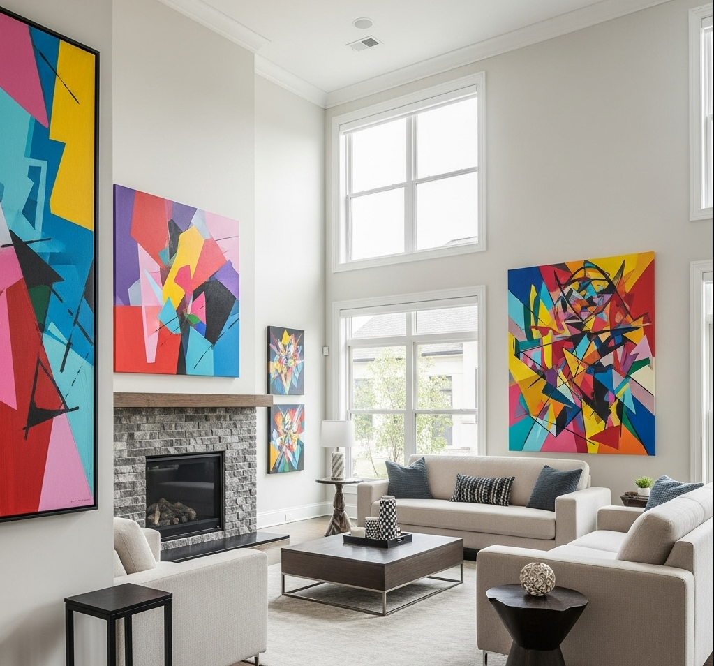 Bright living room with colorful art