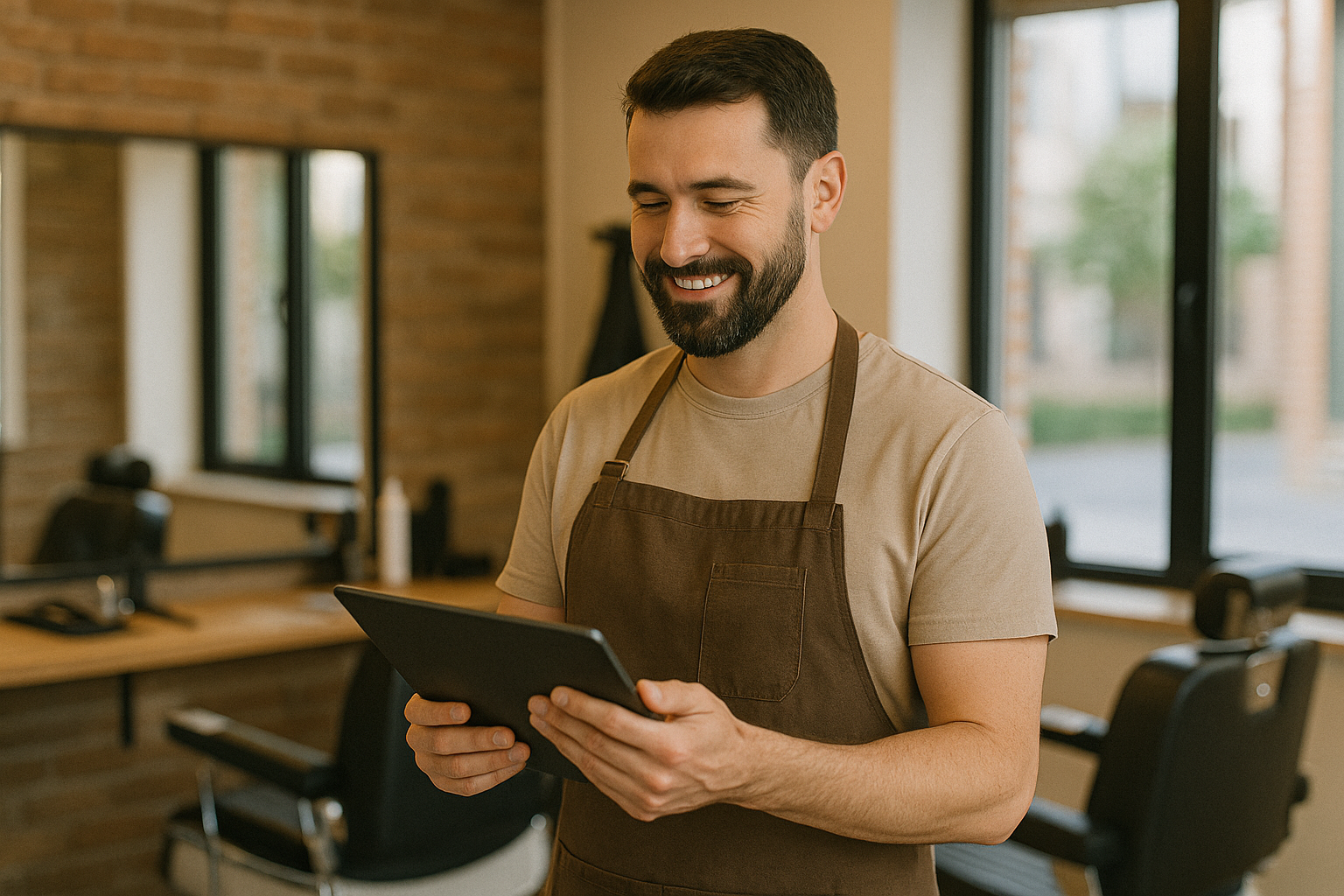 Barber shop owner looking at GetOblic dashboard.
