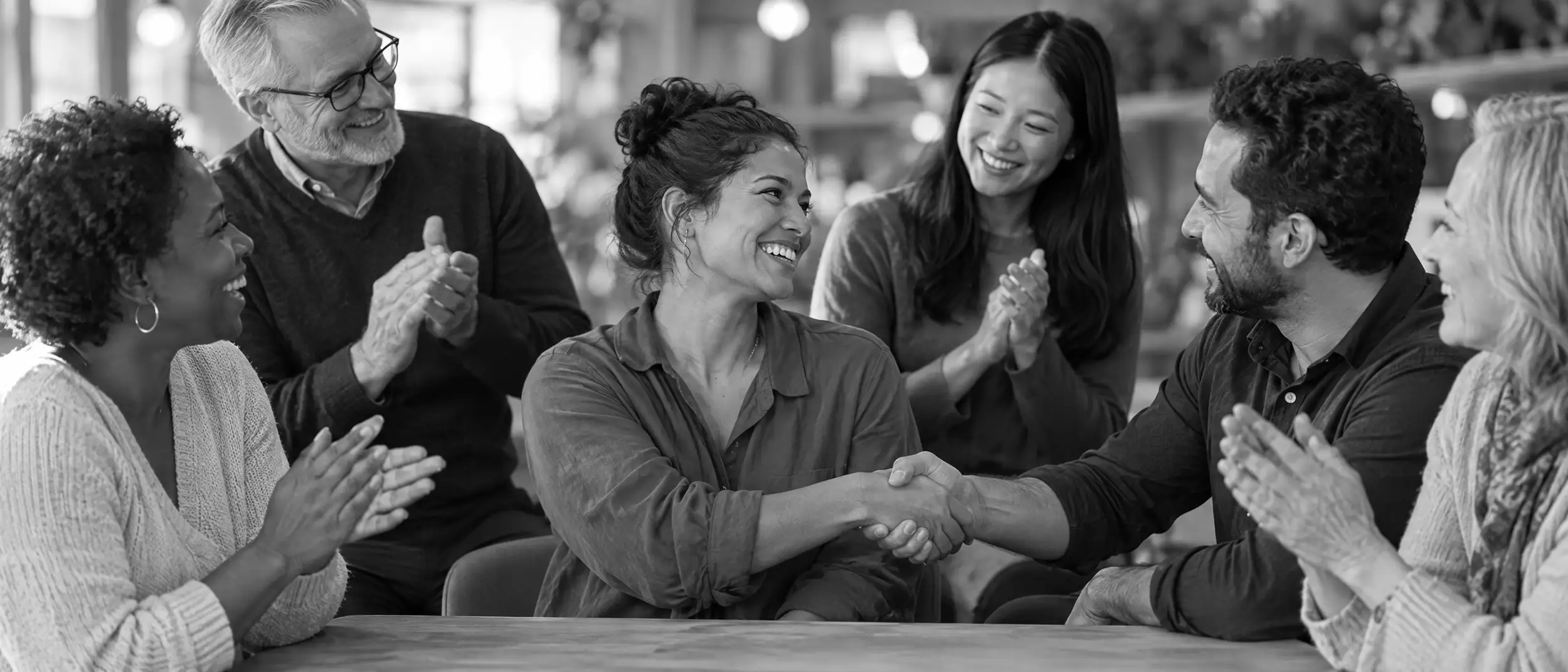 A group of people smiling and celebrating a colleague around a table.