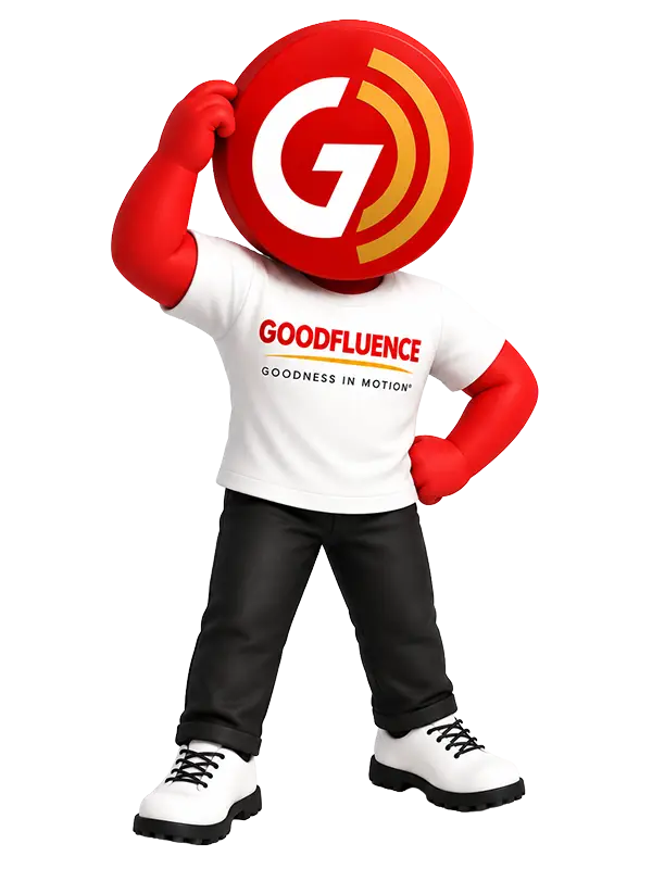Goodfluence mascot holding chip