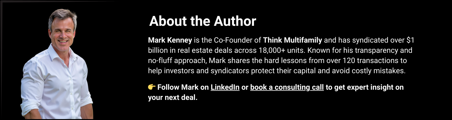 About the Author section with Mark Kenney, Co-Founder of Think Multifamily, highlighting his experience with over 120 multifamily deals and his mission to help investors avoid costly mistakes. About the Author section with Mark Kenney, Co-Founder of Think Multifamily, highlighting his experience with over 120 multifamily deals and his mission to help investors avoid costly mistakes.