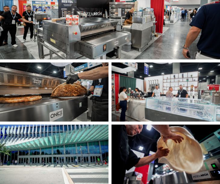 PizzaArch booth at the Miami Food and Convention Center showcasing artisan pizzas and new menu flavors.”
