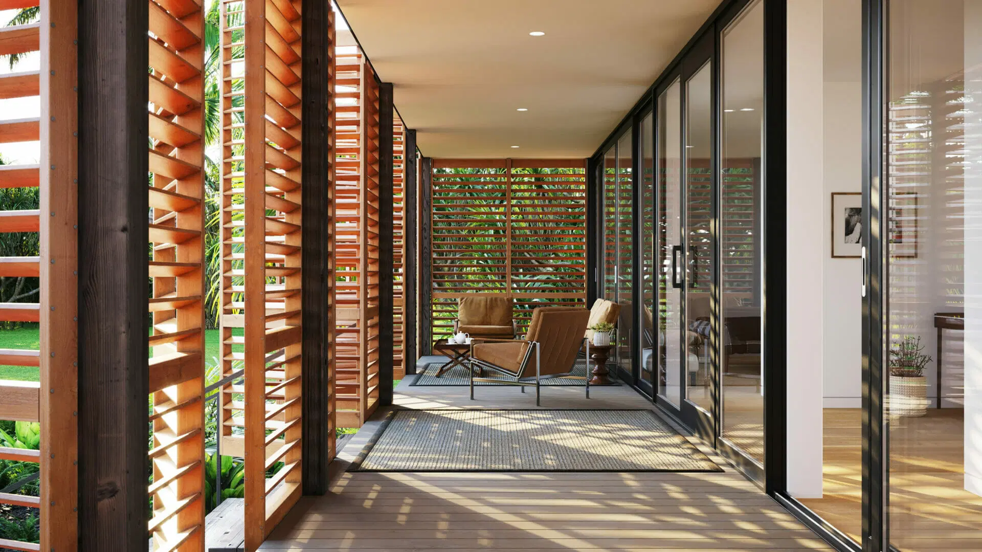 a porch with windows and doors