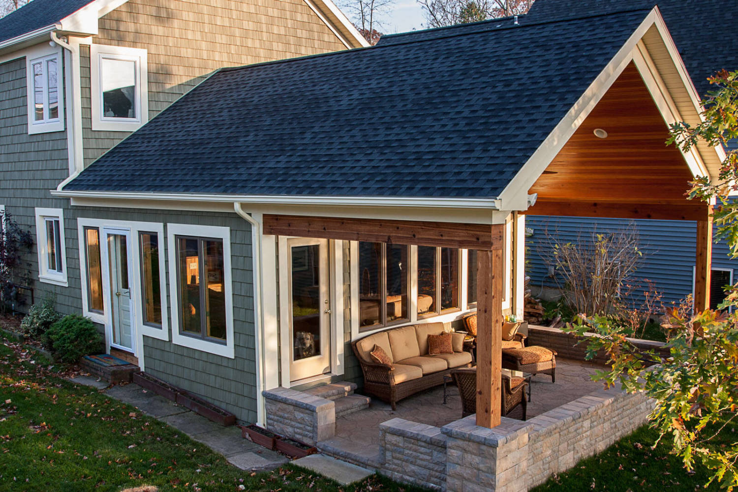 a patio with a covered patio and a covered patio