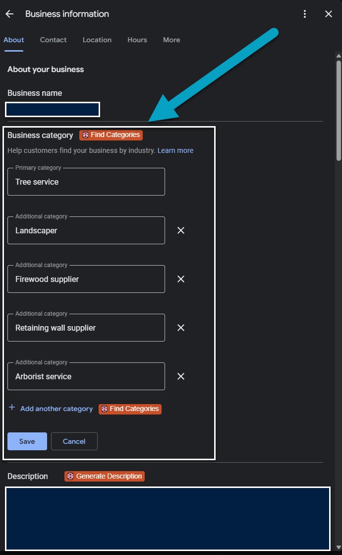 Screenshot of GBP Categories section showing landscapers how to add in multiple categories Screenshot of GBP Categories section showing landscapers how to add in multiple categories